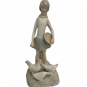 Vintage girl figurine with basket and chickens Japan