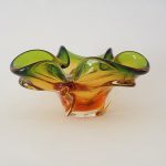 Hand Blown Art Glass Ashtray Green, Yellow and Brown