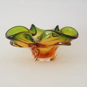 Hand Blown Art Glass Ashtray Green, Yellow and Brown.