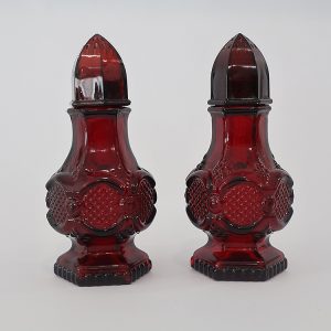 Set of vintage Avon Cape Cod ruby red glass salt and pepper shakers.