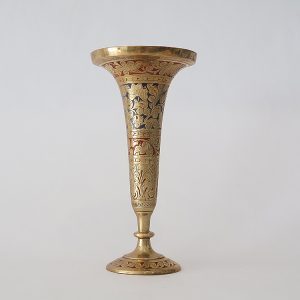Vintage Brass Trumpet Vase Engraved Floral and Leaf Motifs
