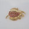 Vintage Leaf Brooch, signed Gerry, color Gold, Pink Rhinestones with Pearls
